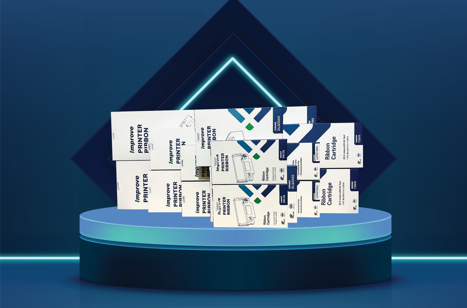 Printer ribbon cartridge boxes arranged in a row