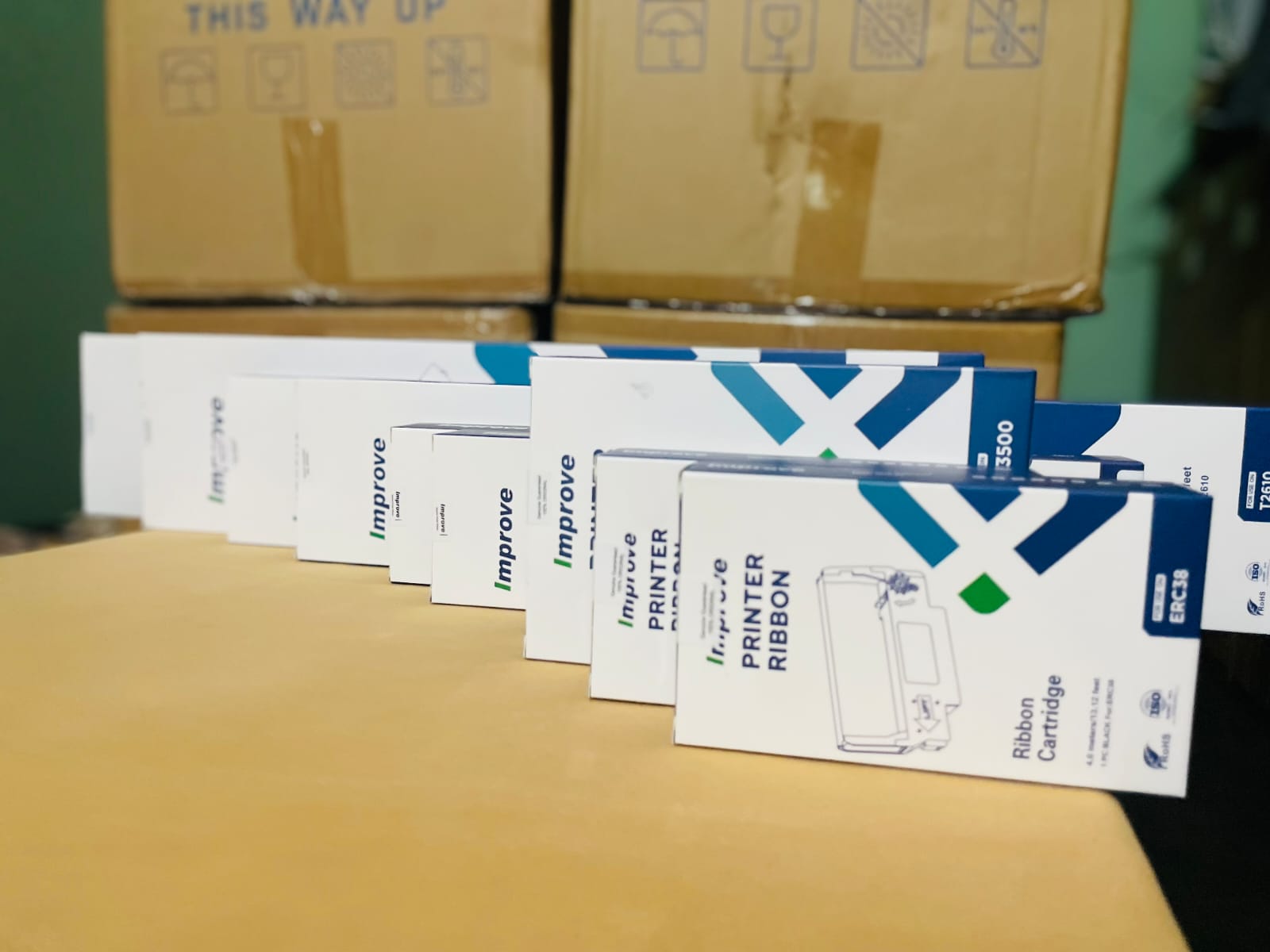 Printer ribbon products on a modern display stage
