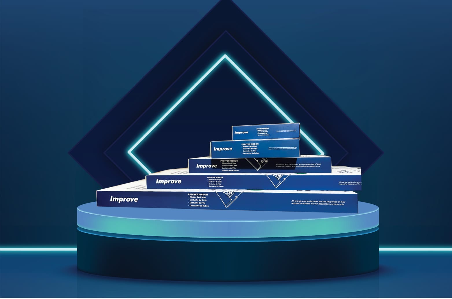 Printer ribbon cartridges displayed on a product stage