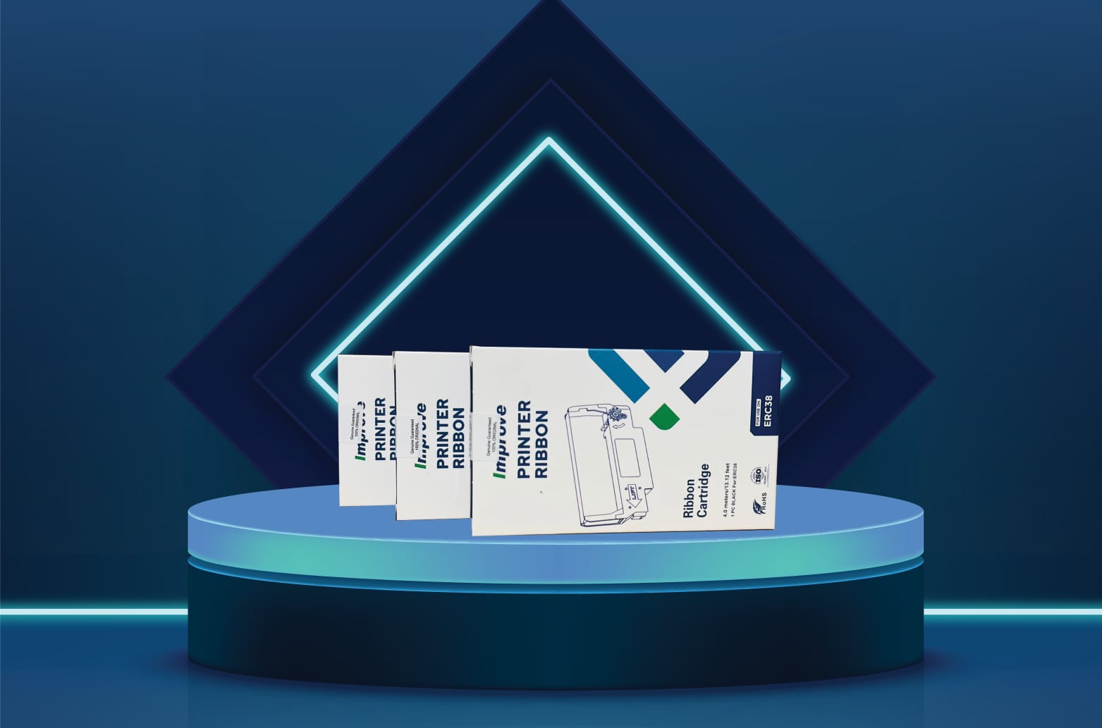 Printer ribbon product packaging on a modern display